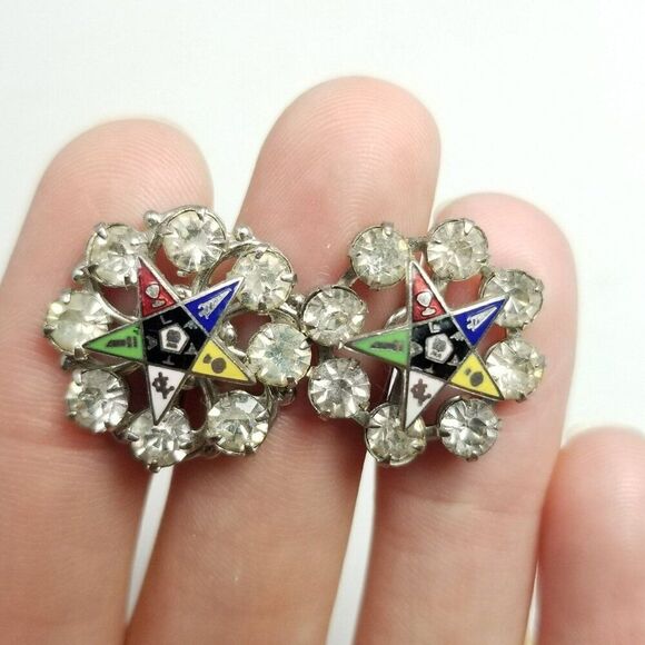 Vintage Masonic Eastern Star Rhinestone Enamel Clip On Earrings, Estate - Picture 5 of 6